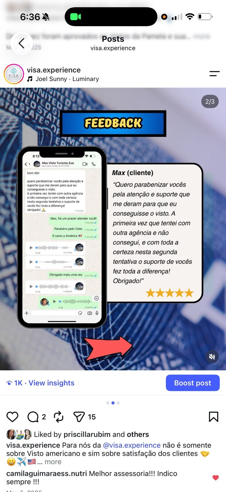 Avaliação de cliente Visa Experience 2